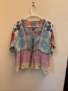 Johnny Was Patchwork Multicolor V-Neck Women's Top